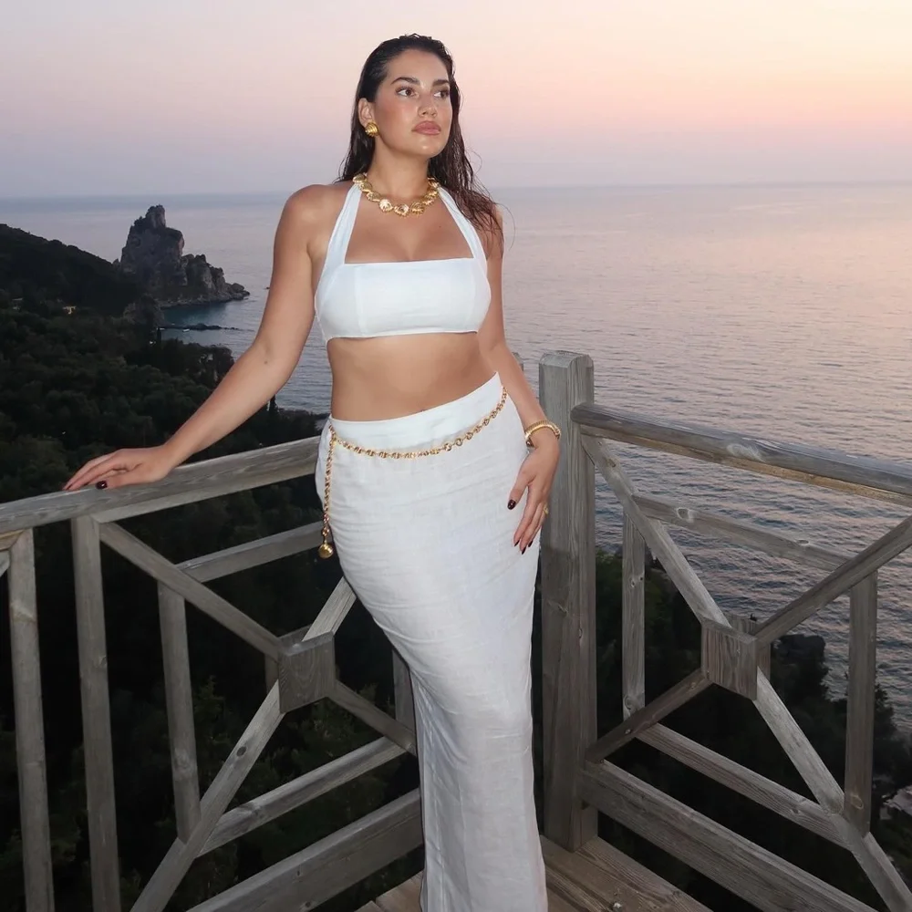Monday swimwear white linen Montserrat crop top and Fontelina maxi skirt P XS - Picture 3 of 9